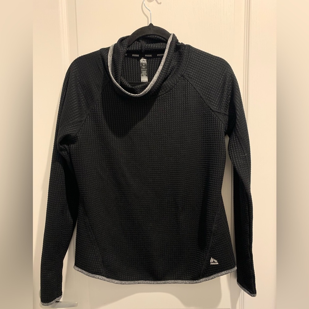 RBX Womens Medium Waffled Cowl Neck Black Long Sleeve Gray Trim Sports Athletic